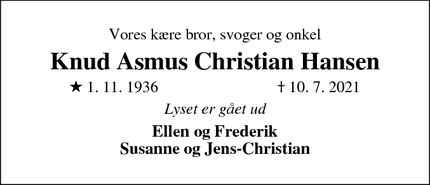 Dødsannoncen for Knud Asmus Christian Hansen - Bredebro
