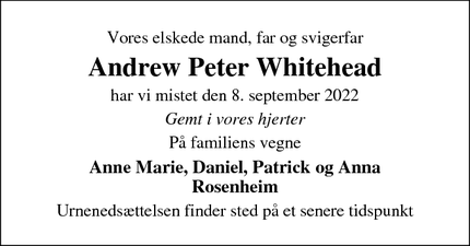 Dødsannoncen for Andrew Peter Whitehead - Aabenraa