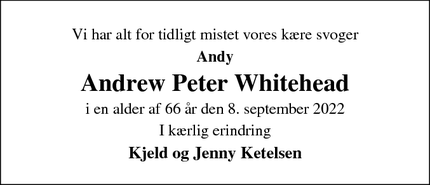 Dødsannoncen for Andrew Peter Whitehead - Aabenraa