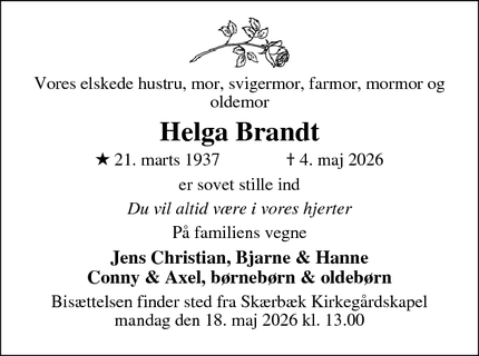 Dødsannoncen for Helga Brandt - Skærbæk