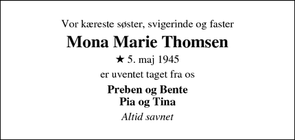Dødsannoncen for Mona Marie Thomsen - Varde