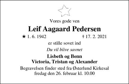 Dødsannoncen for Leif Aagaard Pedersen - Varde