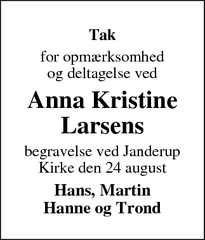 Taksigelsen for Anna Kristine Larsens - Varde