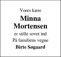 Dødsannoncen for Minna Mortensen - Bramming