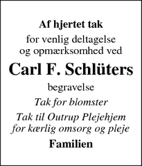Dødsannoncen for Carl F. Schlüters - Outrup