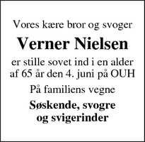 Dødsannoncen for Verner Nielsen - Ansager