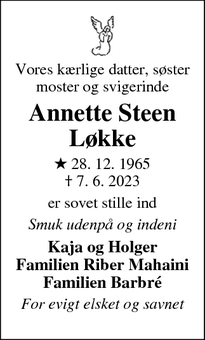 Dødsannoncen for Annette Steen Løkke - Varde