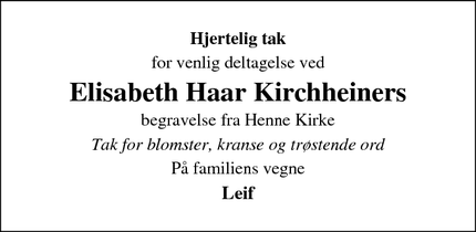 Taksigelsen for Elisabeth Haar Kirchheiner - Henne