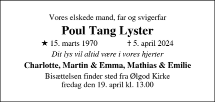 Dødsannoncen for Poul Tang Lyster - Esbjerg