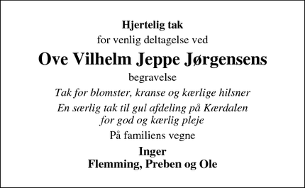 Dødsannoncen for Ove Vilhelm Jeppe Jørgensens - Vejen