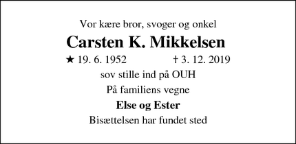 Dødsannoncen for Carsten K. Mikkelsen  - Odense