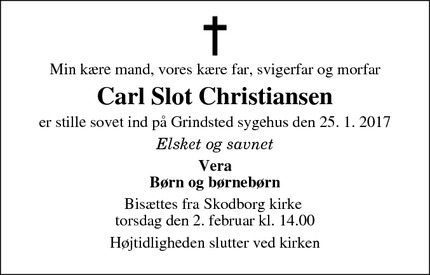 Dødsannoncen for Carl Slot Christiansen - Skodborg