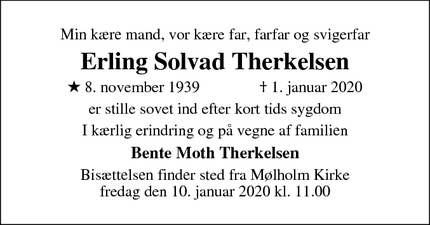Dødsannoncen for Erling Solvad Therkelsen - Vejle 