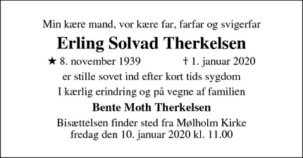 Dødsannoncen for Erling Solvad Therkelsen - Vejle 