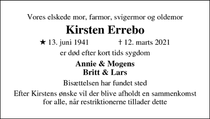 Dødsannoncen for Kirsten Errebo - Borre