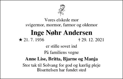Dødsannoncen for Inge Nøhr Andersen - Stege