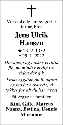 Dødsannoncen for Jens Ulrik Hansen - Stege 