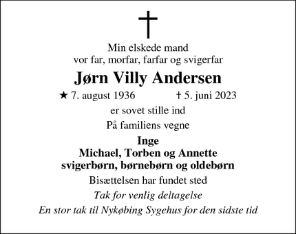 Dødsannoncen for Jørn Villy Andersen - viby sj