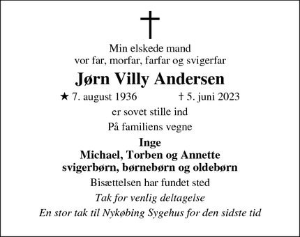 Dødsannoncen for Jørn Villy Andersen - viby sj