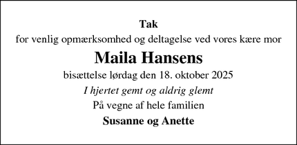 Taksigelsen for Maila Hansen - Hørsholm