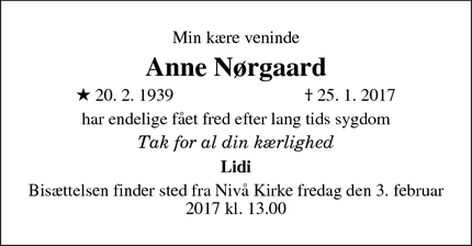 Dødsannoncen for Anne Nørgaard - Nivå