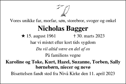 Dødsannoncen for Nicholas Bagger - Nivå