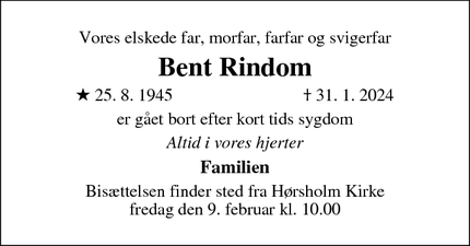 Dødsannoncen for Bent Rindom - Hørsholm