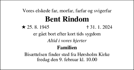 Dødsannoncen for Bent Rindom - Hørsholm
