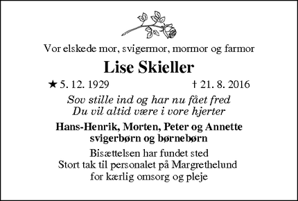 Dødsannoncen for Lise Skieller - Hørsholm