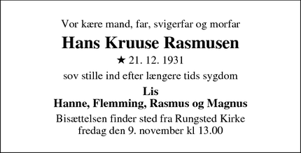 Dødsannoncen for Hans Kruuse Rasmusen - Hørsholm