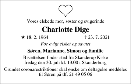 Dødsannoncen for Charlotte Dige - Skanderborg