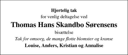 Dødsannoncen for Thomas Hans Skandbo Sørensens - Skanderborg