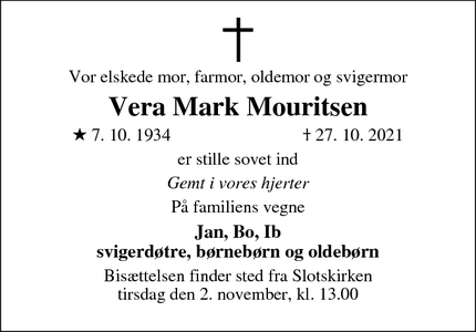 Dødsannoncen for Vera Mark Mouritsen - Skanderborg 
