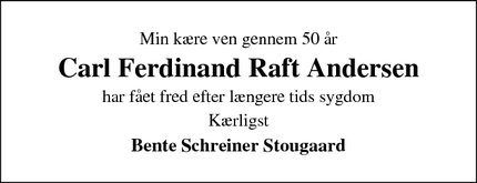 Dødsannoncen for Carl Ferdinand Raft Andersen - Skanderborg