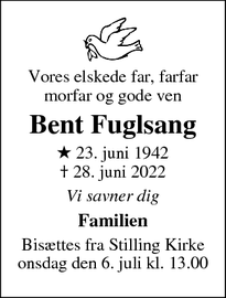 Dødsannoncen for Bent Fuglsang - Gram v/Skanderborg