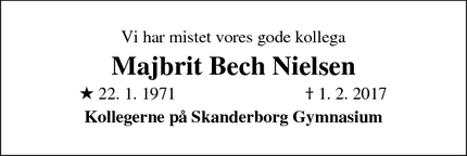 Dødsannoncen for Majbrit Bech Nielsen - Århus