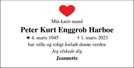 Dødsannoncen for Peter Kurt Enggrob Harboe - Skanderborg