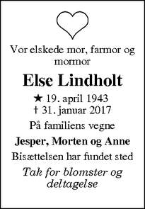 Dødsannoncen for Else Lindholt - Odder