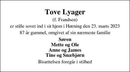 Dødsannoncen for Tove Lyager - Hørning