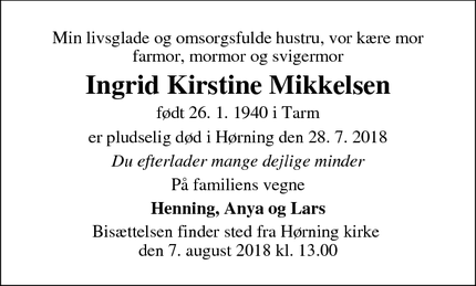 Dødsannoncen for  Ingrid Kirstine Mikkelsen - Hørning
