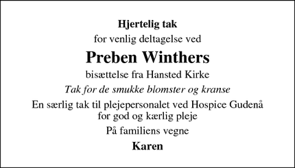 Taksigelsen for Preben Winthers - Stilling