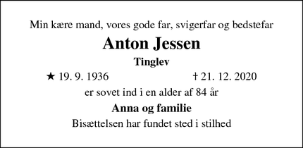 Dødsannoncen for Anton Jessen - TINGLEV