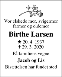 Dødsannoncen for Birthe Larsen - Slagelse