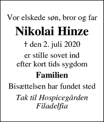 Dødsannoncen for Nikolai Hinze - Slagelse