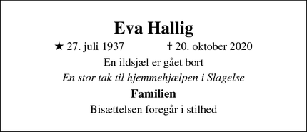 Dødsannoncen for Eva Hallig - Slagelse