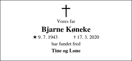 Dødsannoncen for Bjarne Køneke - Vejby