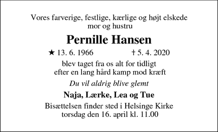 Dødsannoncen for Pernille Hansen - Helsinge