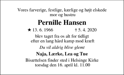 Dødsannoncen for Pernille Hansen - Helsinge
