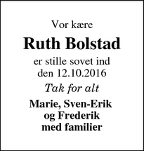 Dødsannoncen for Ruth Bolstad - Gilleleje