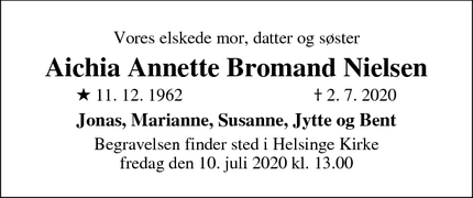 Dødsannoncen for Aichia Annette Bromand Nielsen - Kgs. Lyngby